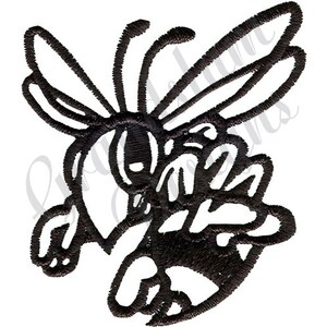 May include: Black and white line art illustration of a wasp with wings spread out.