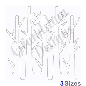 Pode incluir: Desenho de arte de linha em preto e branco de cinco árvores nuas com galhos. As árvores são estilizadas e têm um design simples e minimalista. A imagem é adequada para uso em projetos de artesanato, acolchoado ou bordado.