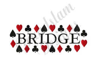 Peut inclure: Broderie noire et rouge du mot "BRIDGE" entouré de symboles de cartes à jouer.