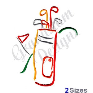 May include: A colorful line art illustration of a golf bag with clubs sticking out of the top. The bag is red, yellow, and green. There is a small flag sticking out of the side of the bag.