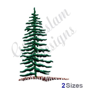 May include: A green stylized embroidery design of a pine tree with a brown base. The design is perfect for creating a festive holiday scene.