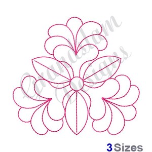 May include: A magenta floral embroidery design featuring a central flower with three large leaves and three sets of petal-like shapes. The design is symmetrical and appears on a white background. The text "3 Sizes" is at the bottom.