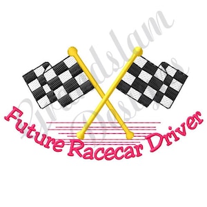 May include: Two black and white checkered flags crossed with yellow poles. The text "Future Racecar Driver" is written in pink below the flags.