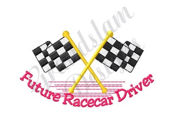 May include: Two black and white checkered flags crossed with yellow poles. The text "Future Racecar Driver" is written in pink below the flags.