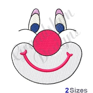 May include: Embroidered design of a clown face with a big red nose, blue eyes, and a wide smile.