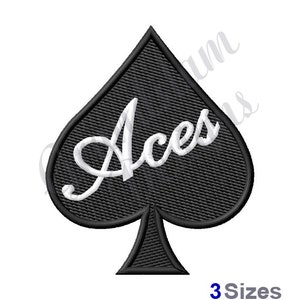 May include: Black spade with white text that says "Aces" in a cursive font.