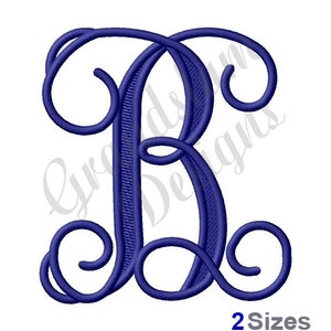 May include: A blue monogram letter B with decorative swirls. The letter is in a script font and is outlined in a thicker blue line.