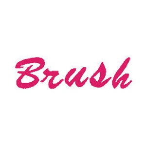 Op de afbeelding: Het woord "Brush" in helder roze, in cursief schrift, tegen een witte achtergrond. De letters zijn vetgedrukt en licht gestileerd, wat wijst op een speels of artistiek thema.
