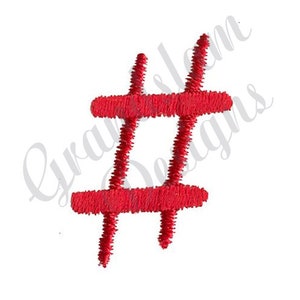 Könnte beinhalten: Rotes gesticktes Hashtag-Symbol. Dies ist eine digitale Stickmusterdatei.