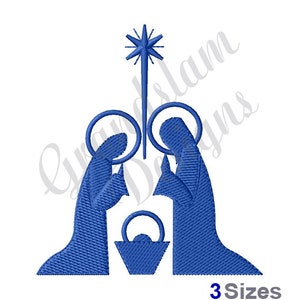 May include: Blue silhouette embroidery design of the nativity scene with Mary and Joseph kneeling in prayer with a star above them.  The design includes a manger with a baby inside.  3 Sizes.
