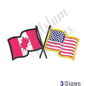May include: A digital embroidery design featuring the flags of Canada and the United States of America crossed over each other. The Canadian flag is red and white with a maple leaf in the center. The American flag is red, white, and blue with stars and stripes. The flags are outlined in yellow.