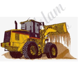 May include: A yellow and black front-end loader with a raised bucket, digging into a pile of dirt. The loader is on a brown background.