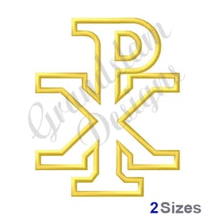 Op de afbeelding: Gouden borduurontwerp van het Chi Rho-symbool, een christelijk symbool dat Christus voorstelt. Het symbool bestaat uit de eerste twee letters van het Griekse woord voor Christus, 'Χριστός' (Christos).