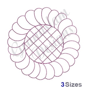 Op de afbeelding: Een zwart-wit borduurmotief van een ronde bloem met een rasterpatroon in het midden. Het ontwerp is perfect om een uniek en stijlvol borduurproject te maken.