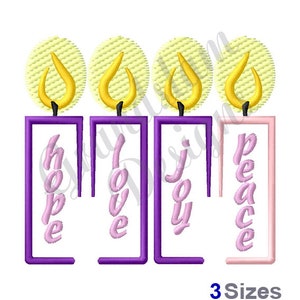 May include: Four purple candles with yellow flames and the words "Hope", "Love", "Joy", and "Peace" written on them in pink.