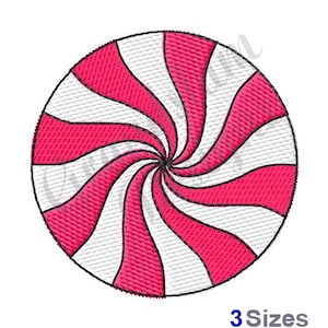 May include: A pink and white peppermint candy swirl design. This digital embroidery design is available in three sizes.