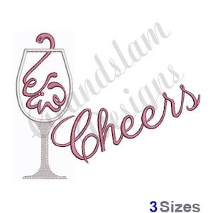 May include: A pink and white embroidery design of a wine glass with a swirl design and the word "Cheers" in a cursive font.