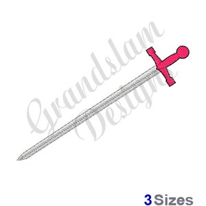 May include: A silver sword with a pink handle and a round pommel. The sword is angled diagonally across the image.