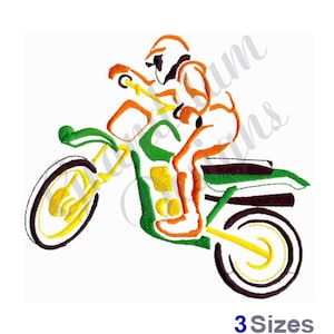 Könnte beinhalten: Eine farbige Linienzeichnung einer Person, die ein Dirtbike fährt. Der Fahrer trägt einen Helm und das Bike ist grün, gelb, orange und braun.
