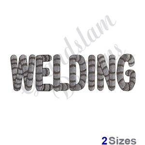 Könnte beinhalten: Gestickte Darstellung des Wortes "WELDING" in einem grau-schwarzen Streifenmuster. Das Design ist in zwei Größen erhältlich.