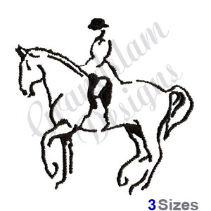 May include: A black and white line drawing of a rider on a horse. The horse is in a jumping position with its front legs raised. The rider is wearing a hat and is sitting in the saddle.