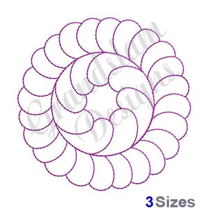 May include: A purple embroidery design of a circular pattern with a swirl in the center. The design is made up of a series of overlapping circles.