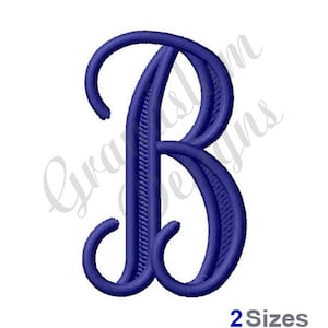 May include: A blue embroidered letter B in a cursive font. The letter is outlined in a darker blue and has a 3D effect.