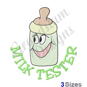 May include: Green and yellow cartoon baby bottle with a smiling face and the text "Milk Tester" around it.