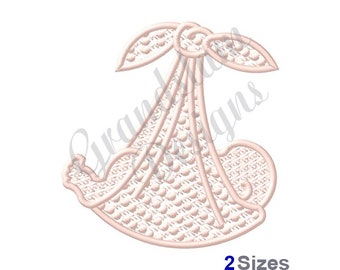 May include: A light pink embroidery design of a baby carriage, with a textured pattern and decorative elements. The design includes the text "2 Sizes" in blue at the bottom. The word "Grand Designs" is also visible in the image.