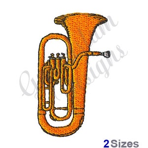 Könnte beinhalten: Gestickter Aufnäher einer Tuba in Orange- und Brauntönen. Das Musikinstrument ist detailliert dargestellt, mit seinen gebogenen Rohren und Ventilen. Der Aufnäher befindet sich auf weißem Hintergrund. Der Text unten lautet "2 Sizes".