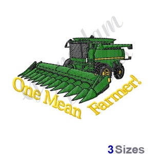 Może przedstawiać: Zielony i żółty haft przedstawiający kombajn zbożowy z tekstem "One Mean Farmer!"