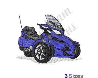 May include: A blue three-wheeled motorcycle with a windshield and a luggage rack. The motorcycle is in a cartoon style.