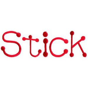 May include: The word "STICK" spelled out in red yarn with small red pom-poms at the ends of each letter.
