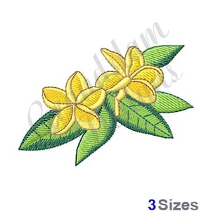 May include: An embroidery design featuring two yellow plumeria flowers with green leaves. The flowers are stylized and have a textured appearance.