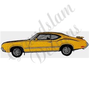 May include: A yellow vintage muscle car with a black interior and black wheels. The car is in profile view.