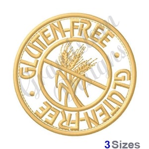 May include: A gold circle with the text "Gluten-Free" written around the outside. A crossed-out wheat stalk is in the centre of the circle.