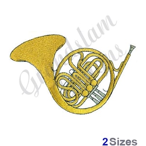 Puede incluir: Un cuerno francés de color dorado con una abertura en forma de campana y un tubo largo y delgado. El cuerno es un instrumento musical.