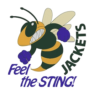 May include: A cartoon bee mascot wearing purple boxing gloves, with the text "Feel the STING!" and "JACKETS" around it.