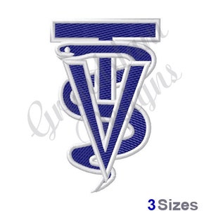 May include: A blue and white veterinary symbol with a snake wrapped around a rod. The symbol is a common logo for veterinarians.