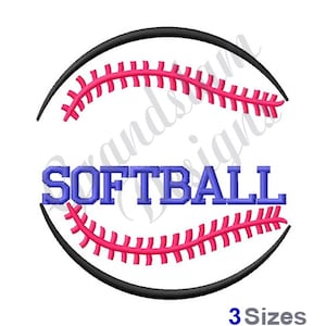 May include: A black and white softball design with the word "SOFTBALL" in blue letters. The design is perfect for embroidery projects.