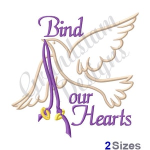 Może przedstawiać: Biała gołębica z fioletowymi wstążkami zawiązanymi wokół skrzydeł i nóg. Gołębica leci z rozpostartymi skrzydłami. Tekst "Bind our Hearts" jest napisany pod gołębicą.