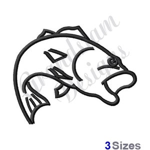 May include: Black and white line art illustration of a fish jumping out of the water. The fish has a large mouth and a fin on its back.