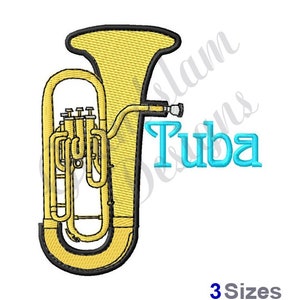 May include: A gold-colored tuba with a blue inscription that reads "Tuba".