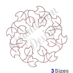 May include: A black and white line drawing of a wreath of leaves. The wreath is made up of a series of connected leaves, each with a simple, rounded shape.
