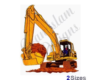May include: A yellow excavator with a brown dirt pile in the bucket. The excavator is on a brown dirt surface. The excavator has a driver in the cab.