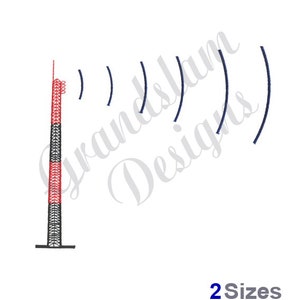 Peut inclure: Illustration d'une haute tour de radio en rouge, noir et gris, avec des lignes bleues incurvées émanant du côté. Le texte "Grandslam Designs" est en écriture cursive. Les mots "2 Sizes" sont en bas.