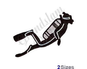 May include: Black and white silhouette of a scuba diver with an oxygen tank and flippers.