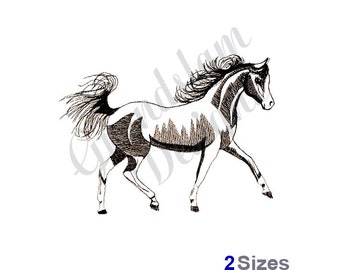 May include: Black and white line art illustration of a horse running. The horse has a long flowing mane and tail.