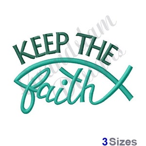 May include: Embroidered design featuring a green fish symbol with the text "Keep the Faith" in dark green lettering.