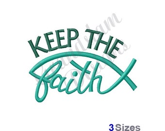 Puede incluir: Diseño bordado con un símbolo de pez verde con el texto "Keep the Faith" en letras verde oscuro.